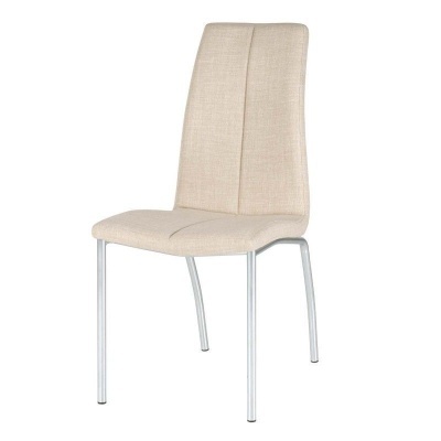 Cadeira estofada bege com pernas metálicas prateadas
