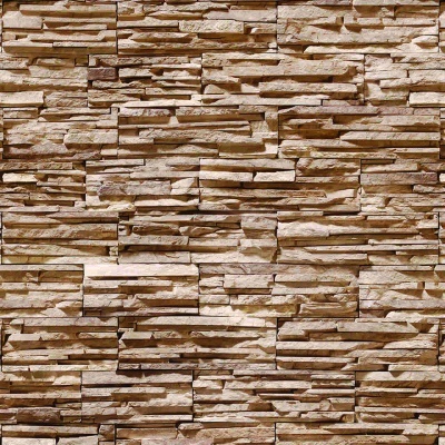 Paredes de tijolos decorativos castanhos claros e bege com textura rugosa.