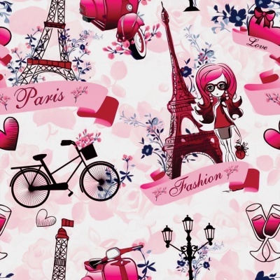 Estampado colorido com Torre Eiffel, bicicletas, motociclos, menina, corações e textos Paris, Fashion, Love