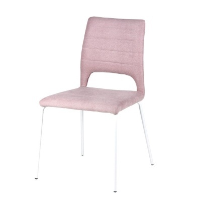 Cadeira rosa estofada com pernas brancas de metal