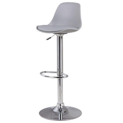 Banco alto de bar cinzento com estrutura cromada ajustável