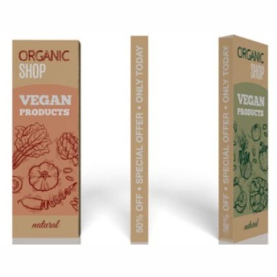 Embalagem retangular de produto vegan com design vegetal e texto promocional