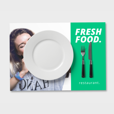 Imagem publicitária com prato branco e texto FRESH FOOD.