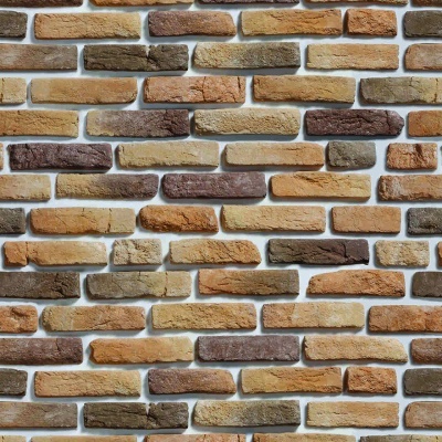 Parede decorativa de tijolos castanhos e bege com textura rugosa