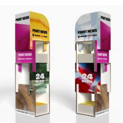 Expositores de papelão coloridos para jornais com texto PRINT NEWS e 24 NIBH
