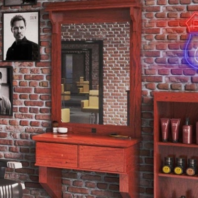 Salão de barbeiro com cadeira, móvel, estante de produtos e néon Route 66