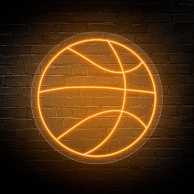 Sinal de néon em forma de bola de basquetebol na parede
