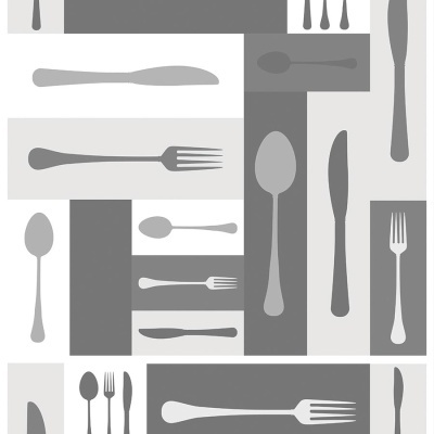 Padrão gráfico de utensílios de mesa em tons de cinza e branco.