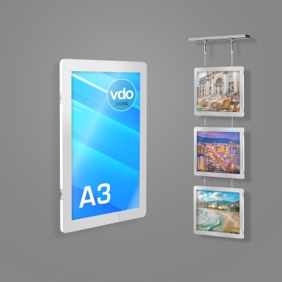 Molduras brancas retangulares e quadradas exibindo imagens e texto em fundo cinzento