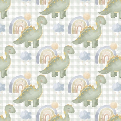 Padrão com dinossauros verdes e arco-íris em fundo xadrez