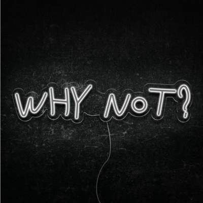 Letreiro de néon branco com texto 'WHY NoT?' numa parede escura