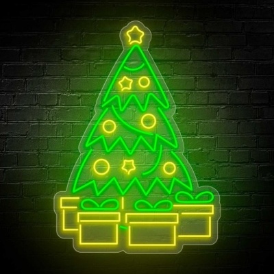 Sinal luminosa de neon de árvore de Natal com presentes em fundo de parede de tijolos