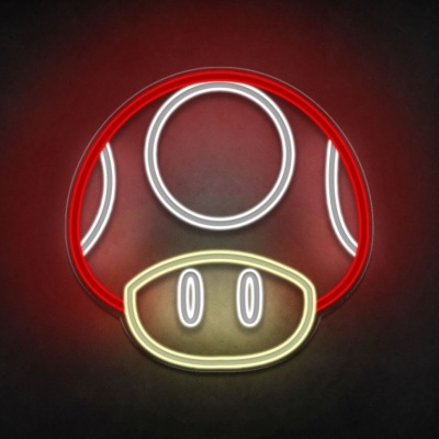 Iluminação de néon em forma de cogumelo do Mario em fundo escuro