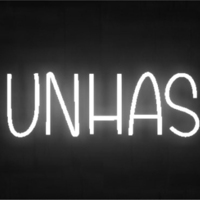 Letreiro luminoso em néon branco com a palavra UNHAS