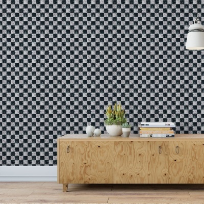 parede xadrez preto cinza com móvel baixo de madeira clara, vasos com plantas e livros