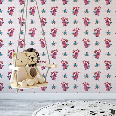 Papel de parede infantil com cupcakes e corações, baloiço de madeira e tapete redondo no chão de madeira.