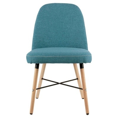Cadeira estofada azul-turquesa com pernas de madeira e suportes metálicos