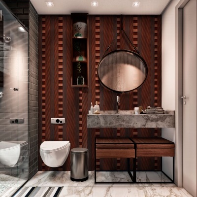 Casa de banho moderna com sanita suspensa, lavatório de mármore e espelho redondo