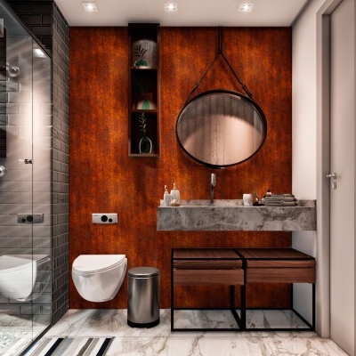 Casa de banho moderna com parede laranja e espelho redondo preto