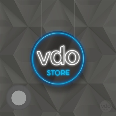 Logótipo néon 'vdo STORE' círculo azul em fundo cinza geométrico
