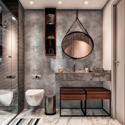 Casa de banho moderna com sanita suspensa, lava-mãos em pedra cinzenta, espelho redondo e taburetes de madeira