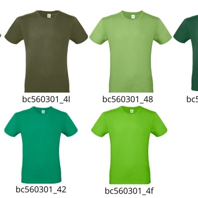 Sete t-shirts lisas de manga curta em diferentes tons de verde e cinza com códigos de produto visíveis