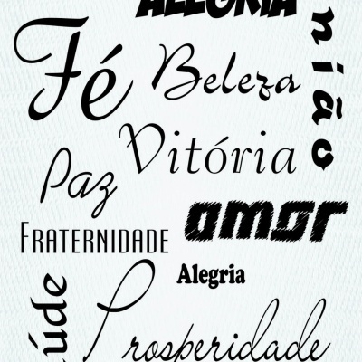 Palavras em várias fontes e estilos sobre fundo branco.