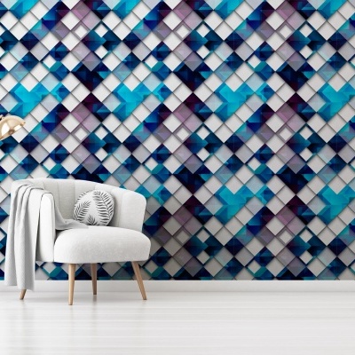 Parede padrão geométrico azul cinzento branco com poltrona branca e candeeiro de pé dourado