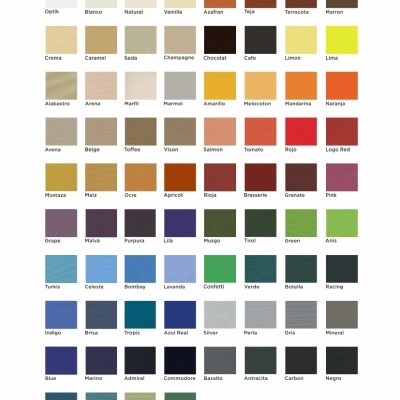 Tabela de cores com 64 amostras quadradas e nomes em inglês