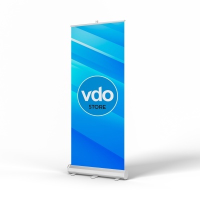 Roll-up publicitário azul com texto 'vdo STORE'