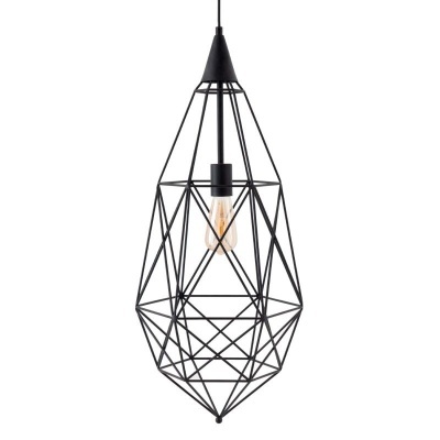 Candeeiro de teto suspenso em estrutura metálica preta com lâmpada exposta