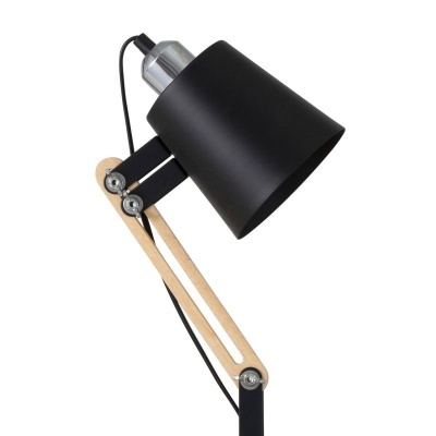Candeeiro de secretária com cabeça em metal preto e base articulada em madeira clara