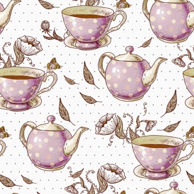 Padrão de bules e chávenas lilás com bolinhas brancas e flores desenhadas