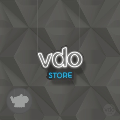Logótipo 'vdo STORE' em fundo geométrico cinzento escuro