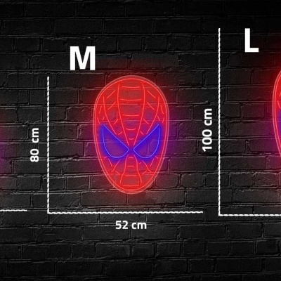 Luzes LED Homem-Aranha em três tamanhos com dimensões em parede preta.