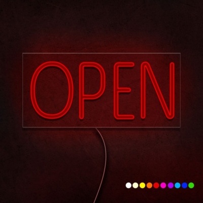 Letreiro em néon vermelho com a palavra OPEN