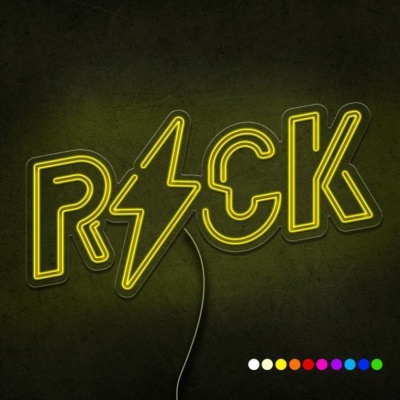 Letreiro neon amarelo 'ROCK' com símbolo de raio em fundo escuro