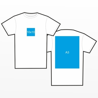 Camiseta branca com estampas azuis e texto 10x10 e A3