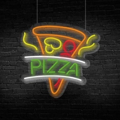 Neon de fatia de pizza com a palavra PIZZA em verde num fundo de tijolo preto
