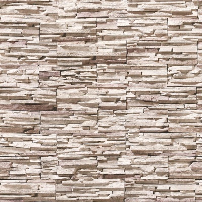 Revestimento de parede de pedras artificiais em tons cinza claro e bege.