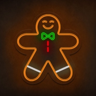 Placa de néon em forma de homem de gengibre com gravata borboleta verde