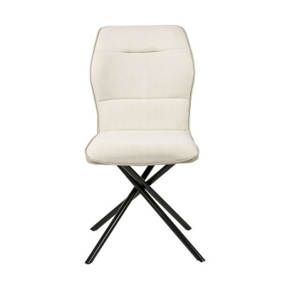 Cadeira estofada branca com pernas de metal pretas cruzadas