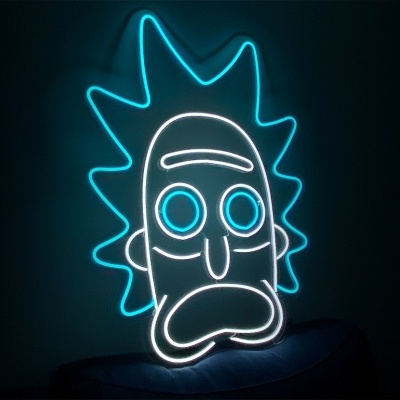 Luz de néon decorativa com rosto de desenho animado em azul e branco