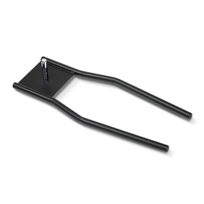 Suporte metálico preto em forma de U com placa e parafuso