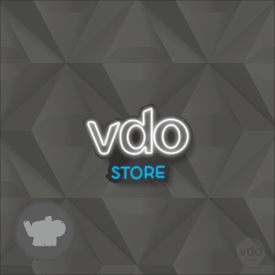Fundo cinzento geométrico com logo 'vdo STORE' em destaque no centro