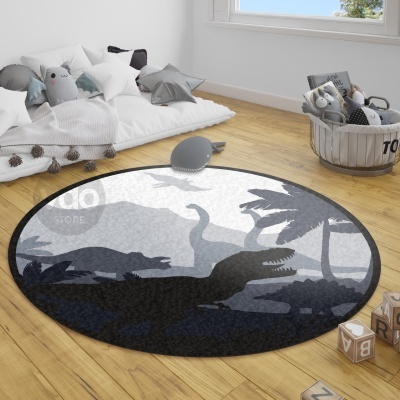 Tapete redondo cinza com padrão de dinossauros em quarto infantil com brinquedos e almofadas.