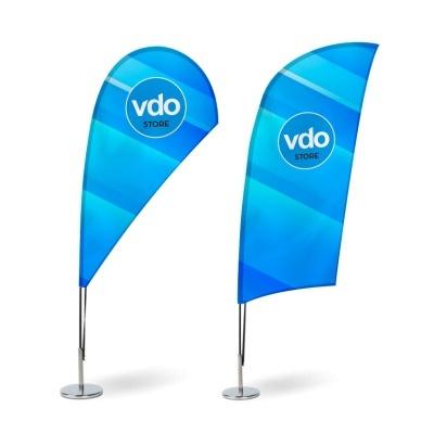 Banners publicitários azuis em forma de gota com logotipo vdo STORE