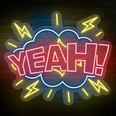 Letreiro de néon com a palavra YEAH! e elementos gráficos coloridos