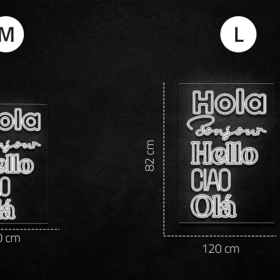 Dois designs de letras em neon com várias saudações em diferentes idiomas sobre fundo preto.