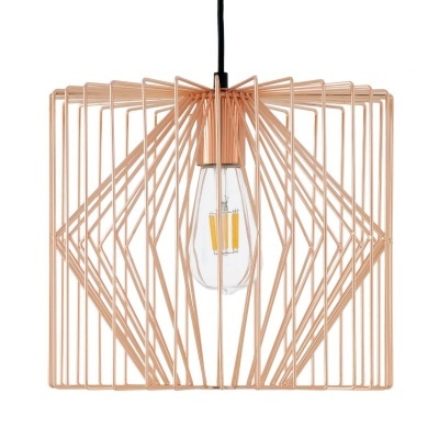 Candeeiro suspenso metálico cobre com design geométrico e lâmpada exposta